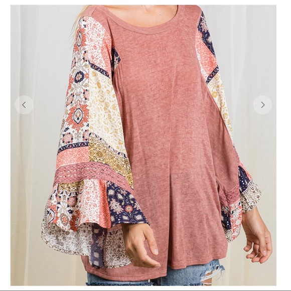 Bohemian print & solid knit fabric color block top - Picture 7 of 7